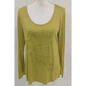 Soft Surroundings 3D Floral‎ Applique Knit Longsleeve Green Top Size Medium